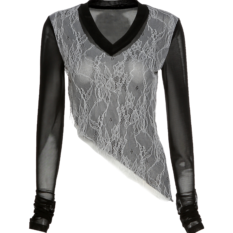 짧은 메쉬 긴 소매 스티치 v 넥 블랙 올 매치 티셔츠 여성용, 불규칙한 디자인